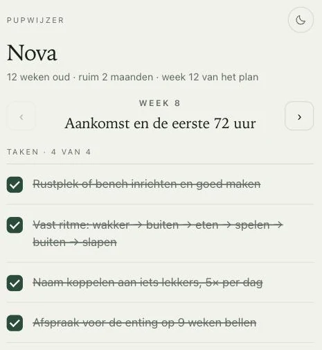 Het weekscherm van Pupwijzer met week 8, aankomst en de eerste 72 uur, met vier taken.