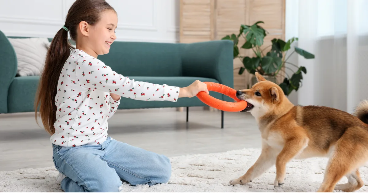 Een meisje speelt in de tuin met een hond die aan een touw trekt.
