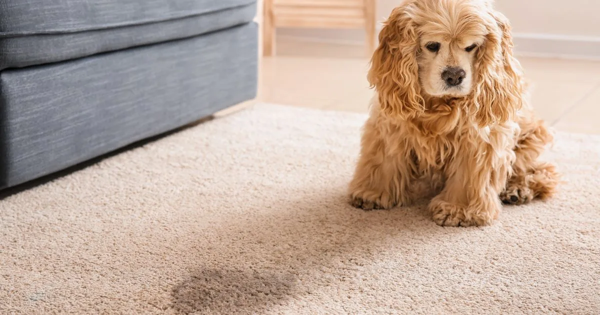 Natte plek op een beige hoogpolig tapijt met een cockerspaniel ernaast