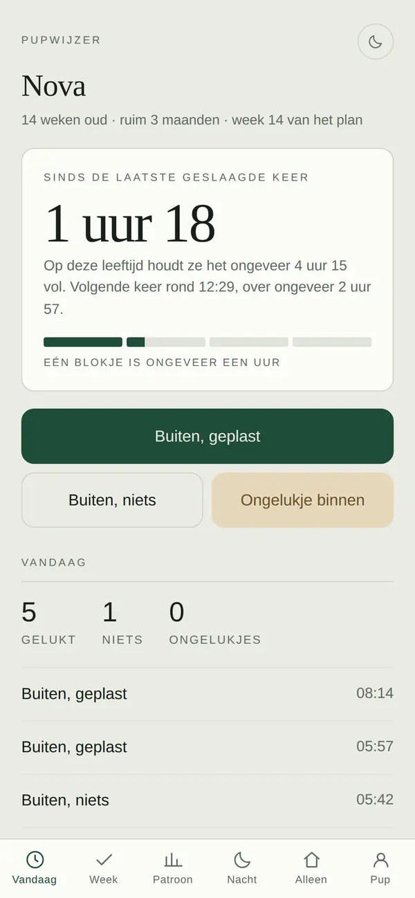 Het scherm Vandaag met de klok en de logknoppen