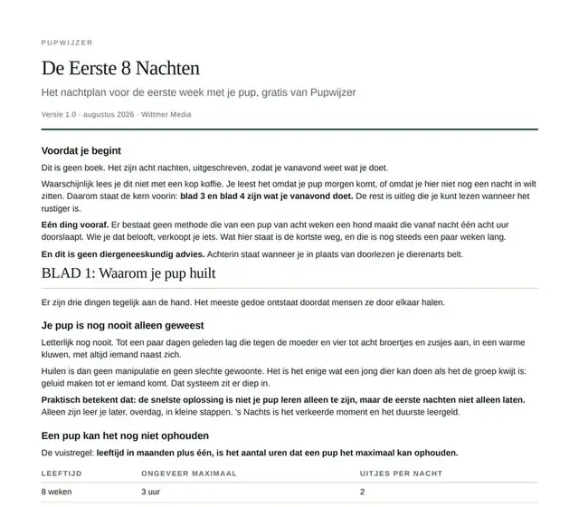 De eerste pagina van het nachtplan